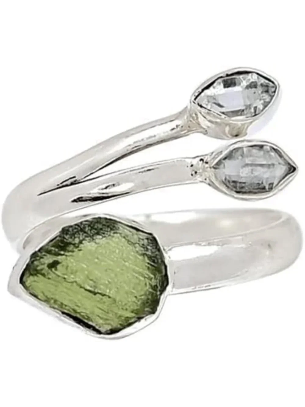 Handmade Moldavite & Herkimer Ring in 925 Sterling Silver - Unique Gift for Her